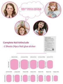 24片裝 Y2K 女童用壓入式短款人造指甲，彩色花卉愛心星星線條圖案設計，預黏貼全覆蓋壓克力美甲片套組，適合兒童女孩美甲裝飾 - 彩色 - 查看 7
