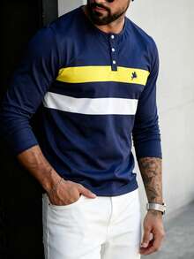 Men's Business Vintage Patchwork Striped Print Half-Button Long Sleeve T-Shirt - Multicolor - View 2