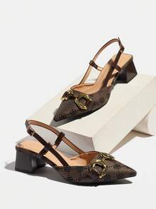 Women's Metal Horse Bit Decor Back Slingback Pointed Toe Square Heel Mid-Heel Retro Coffee Brown Printed Fabric Low Vamp Pumps Suitable For Office, Dating, Daily Wear, Spring, Summer, Autumn, Winter - Coffee Brown - View 8