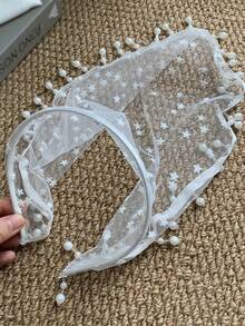 1PC French Retro Off-White Star-Patterned Mesh Headband, Beaded Tassel-Edged Hair Accessory, Festive Party Headpiece - Off White - View 7