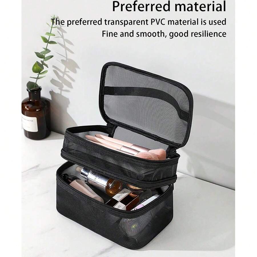 1 buah Tas Kosmetik Jala Dua Lapis, Tas Penyimpanan Jala Dua Lapis Transparan Hitam Kapasitas Besar Portabel untuk Dibawa dengan Tangan, Tas Perlengkapan Mandi dengan Desain Bukaan Lebar untuk Akses Mudah dan Desain Kompartemen untuk Pencarian Mudah - MultiWarna - View 1