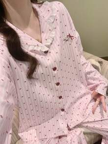 2pcs Women's Pajama Set, Open Front Lapel Polka Dot Print Lace Patchwork Long Sleeve Pants, Comfortable For Home Wear - Pink - View 6