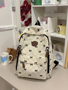 Women Sweet Bow Print Corduroy Backpack, Pink Quilted Diamond Pattern Large Daypack Multi‑Zipper Pockets Casual Rucksack For Teen Girls School - Multicolor - View 2