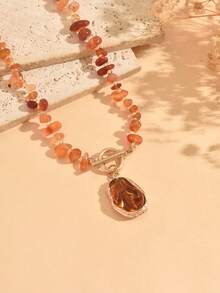 1pc Maillard Vintage Style Asymmetrical Crushed Stone Beaded Necklace With Baroque Pendant Decoration, Fashionable Versatile Women's Neck Jewelry Suitable For Daily Commute, Dating, Shopping And Party Wear - Multicolor - View 3