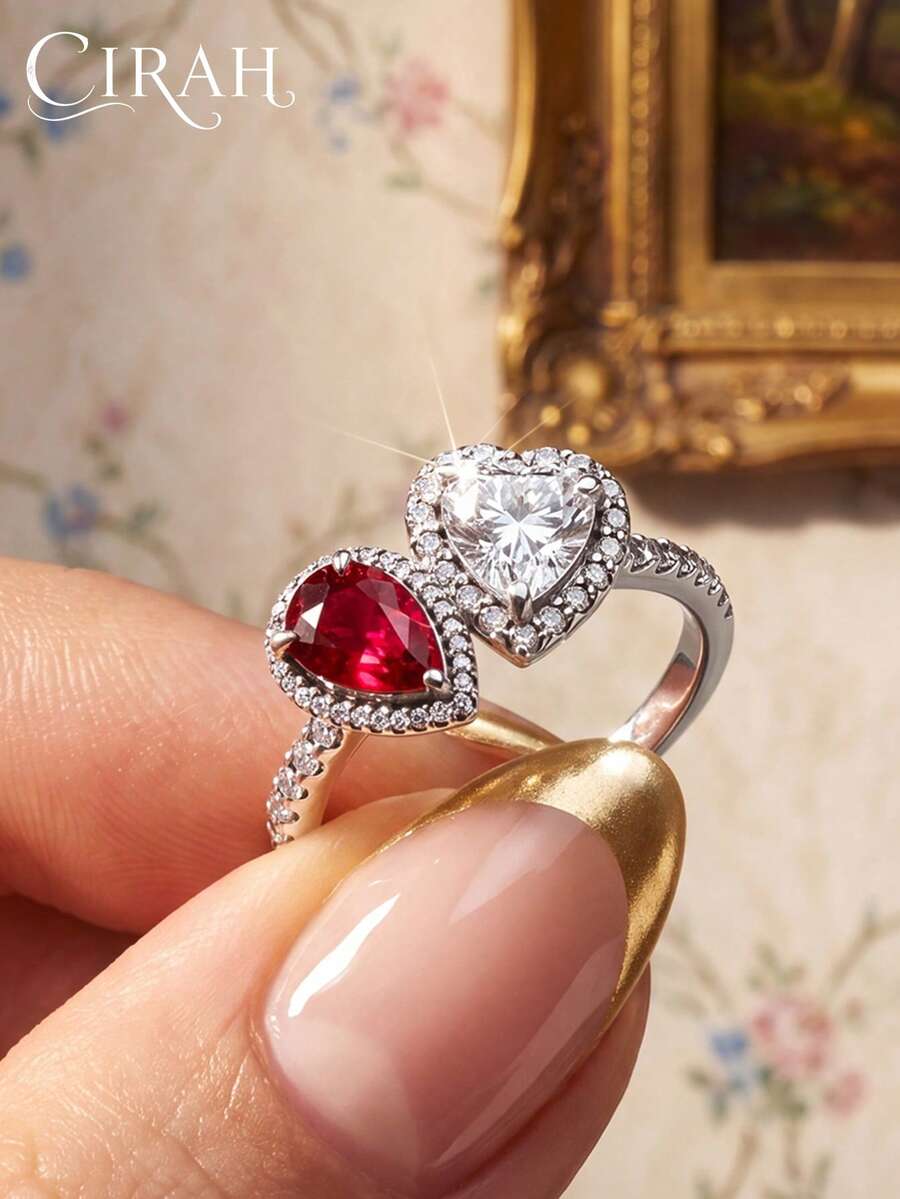 1pc Women's Heart-Shaped Water Drop Black & Red Ring, Jewelry Anniversary Birthday Gift - Antique Silver - View 1