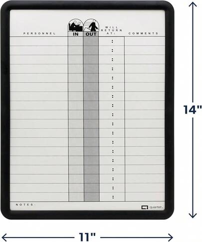 Quartet In And Out Dry Erase Magnetic Board 11"W X 14"H, In & Out Personnel Matrix For 18 Names, DuraMax Porcelain, Black Frame (750)
