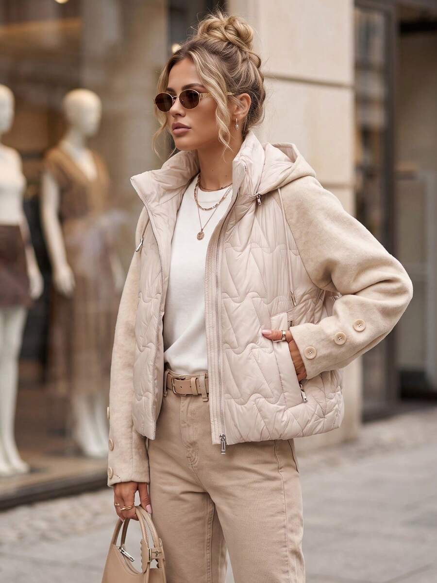 Women's Quilted Jacket With Detachable Hood, Zip Pockets, Relaxed Fit, Hip Length - Beige - View 1