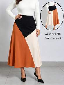 Plus Size Women's Reversible Colorblock Mid-Length Skirt, Elastic Waistband, Suitable For Thanksgiving, Halloween Holidays, And Spring/Summer/Autumn Daily Commute Office Wear - Black - View 1