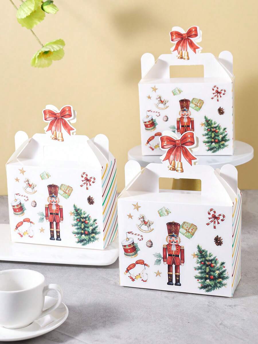 2/5/8/10/12PCS Portable Paper Gift Boxes, Vintage Nutcracker And Christmas Tree Pattern, Colorful Stripes, Rectangular Gift Box With Handle And Red Bow Hollow Top, Suitable For Gift Packaging, Christmas Party And Holiday Party Supplies - Nutcracker - View 1