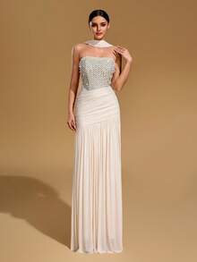 Elegant Mermaid Ball Gown, Women's Strapless Backless Cocktail Dress, Decorated With Sequins And Pearls, Ruched Design - Apricot - View 4