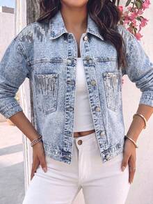 GILIPUR Women's Fashion Sequin Patchwork Washed Denim Jacket, Long Sleeve Lapel Motorcycle Style Outerwear, Suitable For Autumn Casual Wear - Blue - View 11