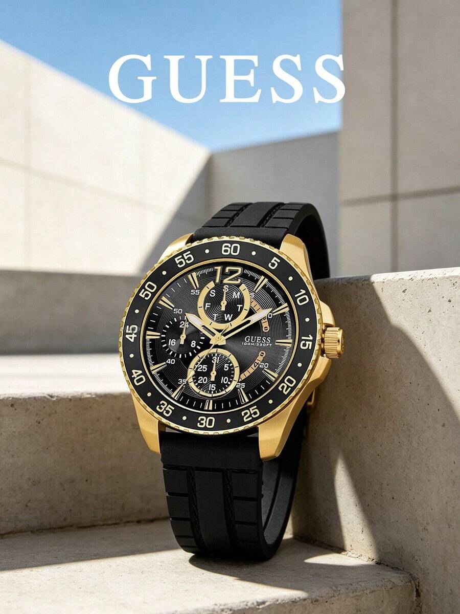 GUESS W0798G3 大膽風格男士腕錶,金色錶圈黑色橡膠錶帶,多功能錶盤,適合戶外街頭風 - W0798G3 - 查看 1