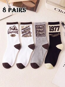 4/8 Pairs Unisex Fashion Contrast Color Series Letter Mid-Calf Socks, Minimalist Striped Comfortable Versatile Preppy Style For Daily Wear, Home, Gift - Multicolor - View 8