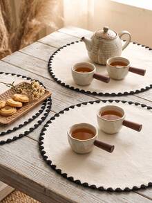 1/2/4/6/12pcs White Base Black Edge Placemats, Vintage Minimalist Style Fabric Material Round Black Serrated Lock Stitch Detail Stain-Resistant Tabletop Protection & Decorative Function Dining Table Mats Suitable For Daily Breakfast And Vintage Minimalist Home Decor Scenes - White - View 8