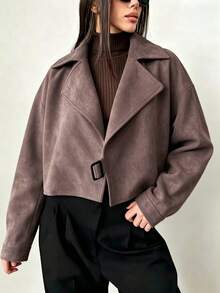 Women's Solid Notch Lapel Long Sleeve Belted Jacket Casual Preppy Business Office Work Home Daily Vacation Holiday Spring Fall Winter - Brown - View 13