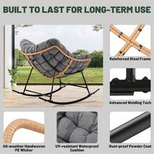 Modern Lounge Rocker, Grey Oversized Papasan Rocking Chair With Thick Cushion, Indoor Outdoor Wide Recliner Chair For Balcony Garden Living Room - Grey - View 2