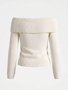 Women's Off-Shoulder Folded Long Sleeve Knit Sweater, Fitted Solid Color Pullover Top, Suitable For Dating, Party And Daily Wear - White - View 8
