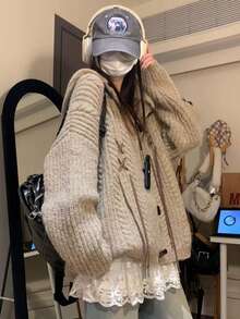 Vintage Hooded Horn Button Cable Knit Cardigan Women Autumn/Winter Loose Sweater Jacket - Khaki - View 4