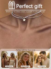 STONEFANS 1pc Silver Sweet Double Layer Star Pendant Necklace, Faux Pearl Sparkling Rhinestone Double Layer Necklace For Women - Silver - View 4