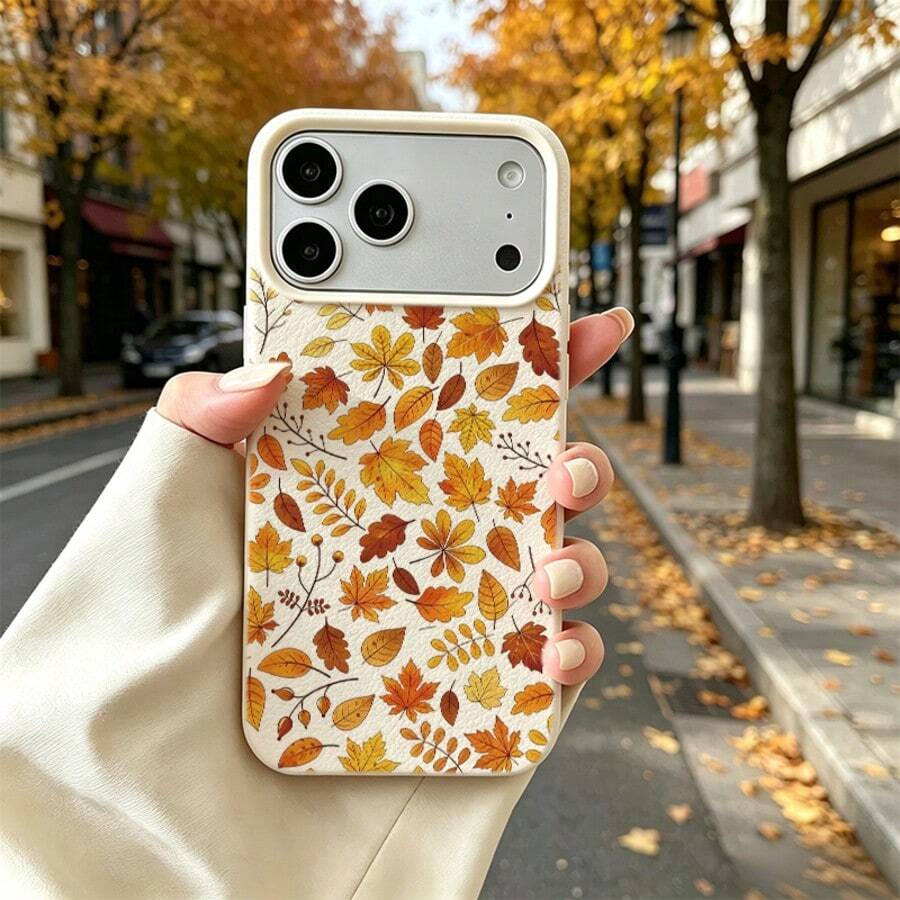 1pc TPU Material Colorful Autumn Leaf Pattern Phone Case Suitable For IPhone 17 Pro Max/17/16 Pro Max/15/13/12/11/ S20 FE/A15/S24/A55/ Note 11/Note 12/Note 13 Pro Full Coverage Anti-Drop Soft Shell Phone Protective Cover - White - View 1
