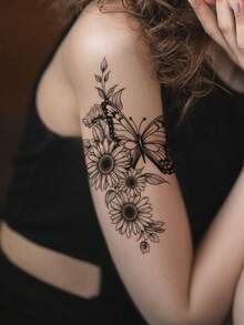 Minimalist Fresh Butterfly & Sunflower Pattern Party Gift Holiday Gift DIY Music Festival Temporary Tattoo Sticker For Arm, Back, Leg, Waterproof Body Skin Tattoo Sticker 1pc/Pack - Black - View 2