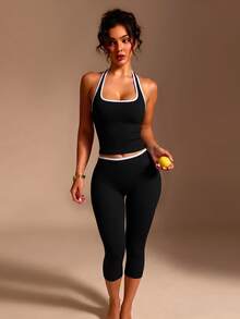 XLLAIS Ribbed Contrast Trim Halter Sports Backless Top & Capri Leggings Workout 2 Pieces Set, Women Activewear Outfit For Gym Yoga - Black - View 1