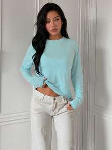 Sheer Long Sleeve T‑Shirt, Casual Crew Neck Semi‑See‑Through Sun Protection Top, Slim Fit Roll Edge Lightweight Basic Tee For Women - Mint Blue - View 8