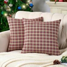 Sarung Bantal Hias Natal Motif Kotak-kotak Tartan Cokelat Vintage, Ukuran 18x18 inci, Set Isi 2 - Sarung Bantal Motif Kotak-kotak Tartan Hijau - View 11