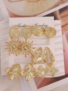 2-12PCS Gold Ocean Style Earring Set, Sun, Shell, Starfish Vacation Vibe Combination Earrings - Gold - View 4