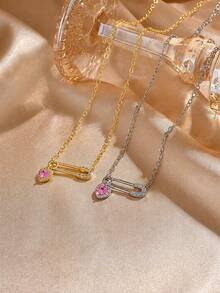 1pc Exquisite Cute Heart-Shaped Brooch Pendant, Sparkling Rhinestone Zirconia Heart Necklace - Heart Necklace - View 4