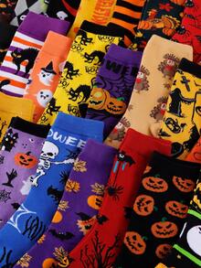1/3/5/10 Pairs Random Halloween Party Theme Skull Pumpkin Pattern Mid-Calf Socks For Men And Women - Multicolor - View 4