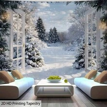 1pc Wall Tapestry Open Door Winter Snow Landscape Print Wall Hanging Snow Covered Pine Tree Falling Snow Festive Light Pattern Wall Decor For Bedroom Living Room Dorm Sofa Background Aesthetic Cloth For Holiday Party Photoshoot Backdrop Interior - Multicolor - View 8