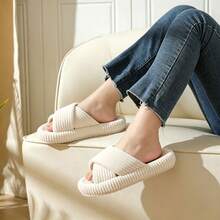 Women's Cross Strap Corduroy Slippers, Solid Color Flat Open Toe Indoor House Slippers, Soft Non-Slip Home Slippers, Size Runs Small, Please Order One Size Up - Beige - View 2