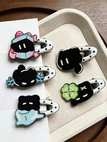 5pcs Lucky Black Cat Office Worker Hair Clips, Sweet Girl Bangs Side Hair Clips, Cartoon Versatile Oval Hair Accessories - Multicolor - View 6