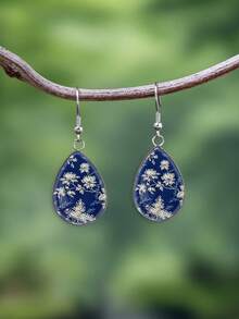 YUJUGLOW 1 Pair Vintage Blue Porcelain Rose Pattern With 316 Stainless Steel Water Drop Earrings, Suitable For Women's Daily Wear - Blue - View 7