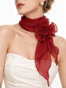 Women's Lightweight Sheer Chiffon Scarf With Detachable 3D Rose Decor, Wavy Ruffle Edge Long Neck Scarf, Suitable For Wedding, Party And Daily Wear - Multicolor - View 6