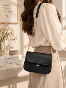 1pc Women's Minimalist Flap Saddle Bag, Metal Buckle Chain Crossbody Bag, Elegant Versatile Daily Shoulder Small Square Bag - M1185 - View 3