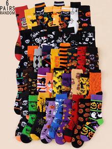 1/3/5/6/10 Pairs Random Unisex Halloween Party Theme Skeleton & Pumpkin Pattern Mid-Calf Socks For Holiday Use - Multicolor - View 24
