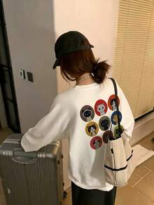 Women's Fashion Autumn/Winter Loose Minimalist Versatile Cartoon Cat Print Long Sleeve T-Shirt - White - View 1