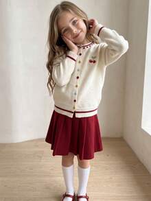 Girls Cherry Embroidered Knit Cardigan, Cute Preppy Button Front Sweater, Round Neck Long Sleeve, Colorful Buttons, Back To School Autumn Outfit - Multicolor - View 2