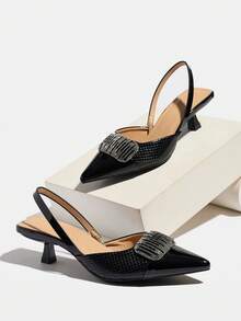 Women's Rhinestone Square Buckle Back Strap Pointed Toe Kitten Heel Low Heel Glamorous Style Black Mirror Splicing Low Vamp Pumps Suitable For Party Dating Daily Wear Spring Summer Autumn Winter High Heel Shoes - Black - View 7