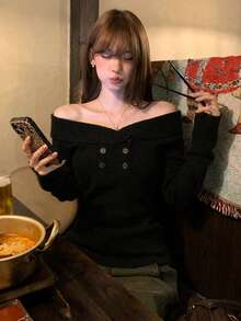 [Y6Y]女款秋季高級優雅露肩針織毛衣，長袖修身百搭套頭上衣 - 黑色 - 查看 8