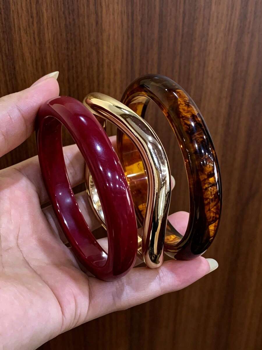 3件裝優雅復古樹脂手鍊,時尚極簡設計,適合休閒穿搭,女款 - 彩色 - 查看 1