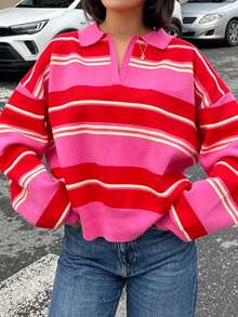 CAREE 女款秋冬拼接色塊橫條紋 Polo 領 V 領落肩長袖寬鬆針織套頭毛衣 - 彩色 - 查看 3