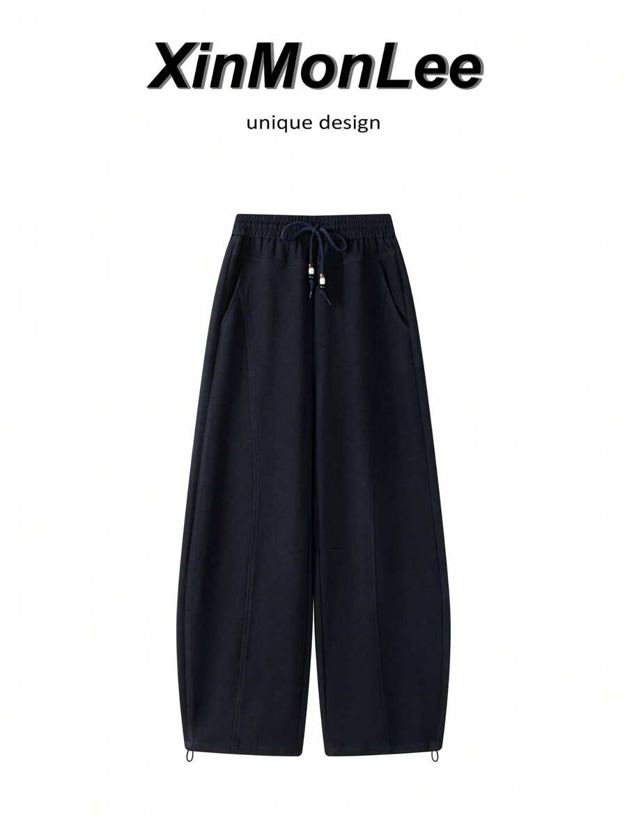Minimalist Loose High Waist Skin-Friendly Breathable Casual Sweatpants With Pockets Long Pants College Home Daily - Navy Blue - View 1