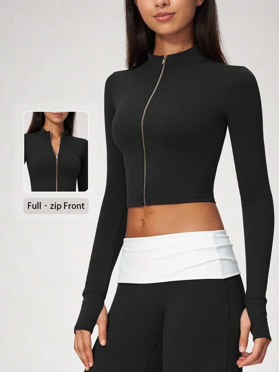 NcmRyu Women's One Piece Solid Color Stand Collar Zipper Thumb Hole Cuff Short Jacket Coat, Autumn/Winter - Black - View 1