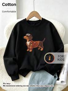 Kids Crew Neck Sweatshirt, Felt‑Style Aviator Dachshund Dog Graphic Print Cotton Pullover For Kids - Black - View 1