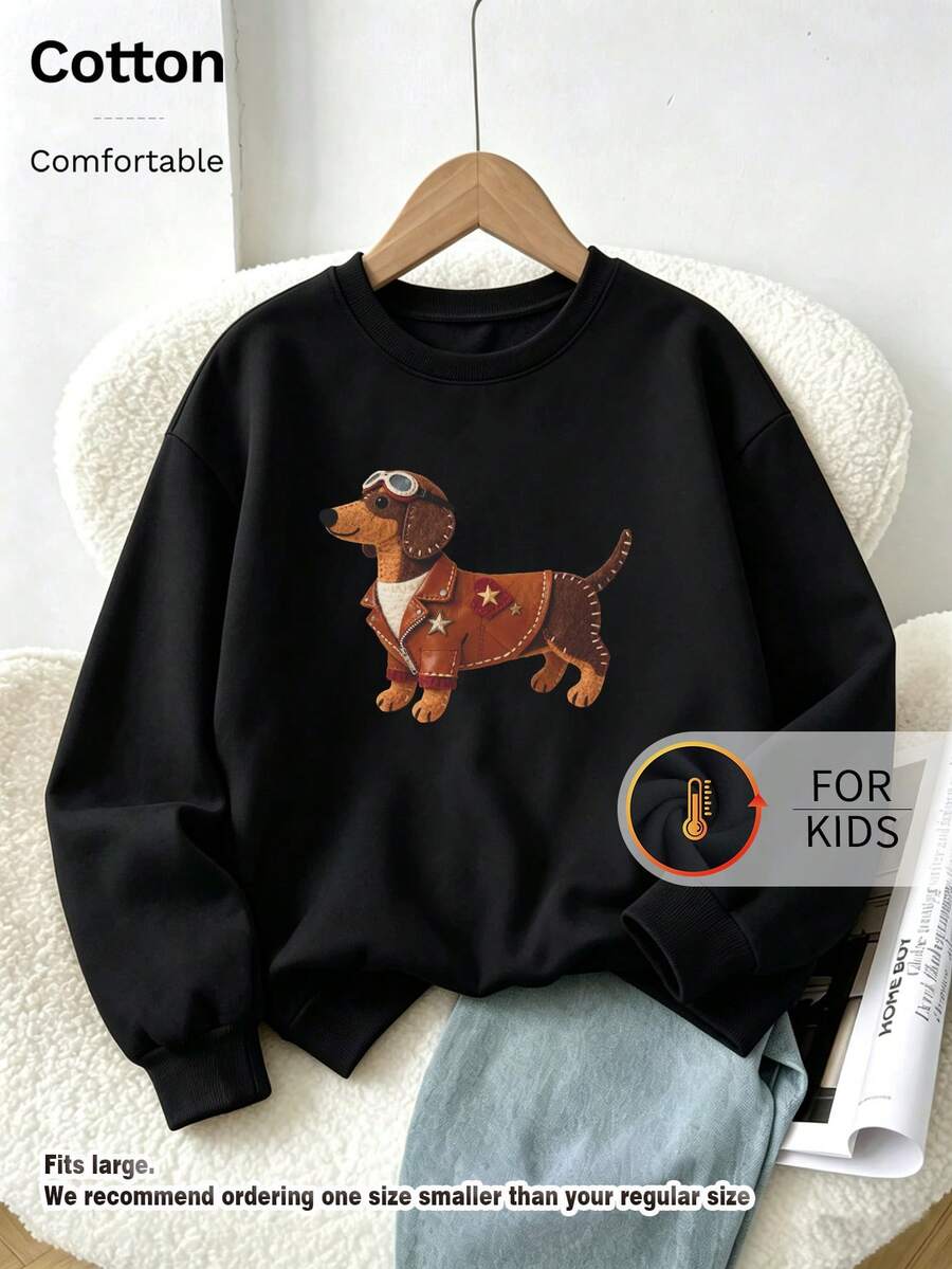 Kids Crew Neck Sweatshirt, Felt‑Style Aviator Dachshund Dog Graphic Print Cotton Pullover For Kids - Black - View 1