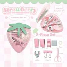 9pcs Set Alat Tulis Stroberi Lucu, Set Organizer Kantor Mini untuk Meja, Perlengkapan Siswa Gaya Jepang yang Lucu: Stapler, Gunting, dan Dispenser Selotip, Cocok untuk Anak Perempuan - MultiWarna - View 10