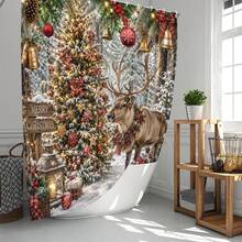 1pc/4pcs Forest Snow Scene Deer Pattern Multi-Functional Bathroom Decor Shower Curtain Set, Free 12 Hooks, Premium Holiday Atmosphere, Bathroom Mat, U-Shaped Floor Mat And Round Toilet Lid Cover, Suitable For All Occasions, Bathroom Set - Forest Snow Reindeer - View 2